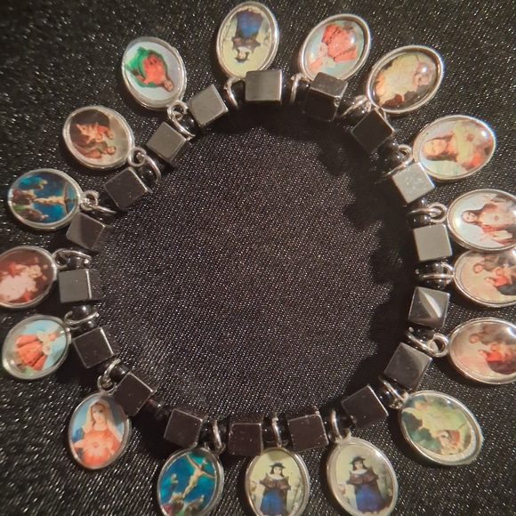 Christian catholic charm bracelete Jewelry - Christian Catholic Silver Charm Bracelet with Colorful Portraits Of Saints.